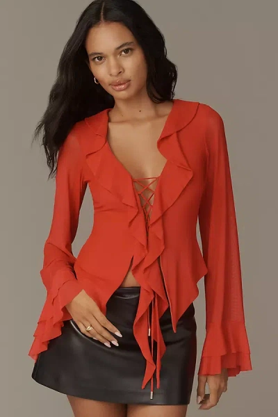 Afrm Cadence Power Mesh Lace-up Top In Red
