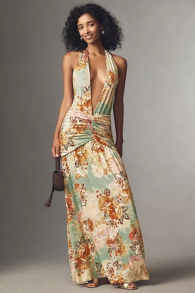 Afrm Cadiz Halter Plunge-neck Maxi Dress In Multi