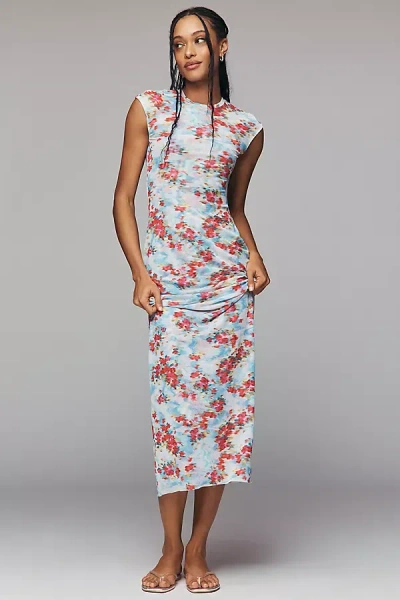 Afrm Cap-sleeve Slim Mesh Maxi Dress In Multi