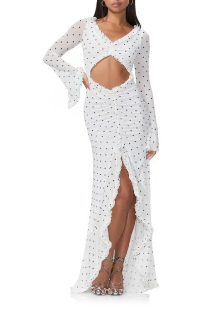 Afrm Cat Ruched Semisheer Long Sleeve Cutout High-low Hem Maxi Dress In Blanc Micro Dot