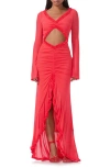 Afrm Cat Ruched Semisheer Long Sleeve Cutout High-low Hem Maxi Dress In Cherry