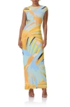Afrm Cody Print Cap Sleeve Mesh Maxi Dress