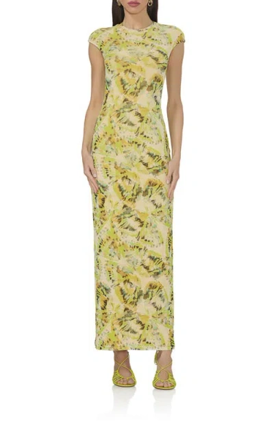 Afrm Cody Print Cap Sleeve Mesh Maxi Dress In Lime Wing