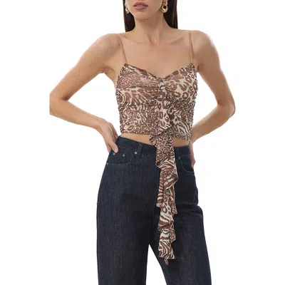 Afrm Columbia Ruffle Ruched Crop Top In Taupe Animal