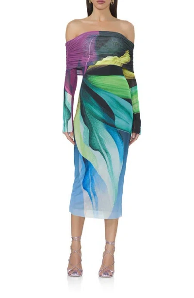 AFRM AFRM CORNELIA OFF THE SHOULDER LONG SLEEVE MESH MIDI DRESS 