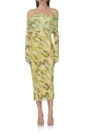 Afrm Cornelia Off The Shoulder Long Sleeve Mesh Midi Dress In Lime Wing