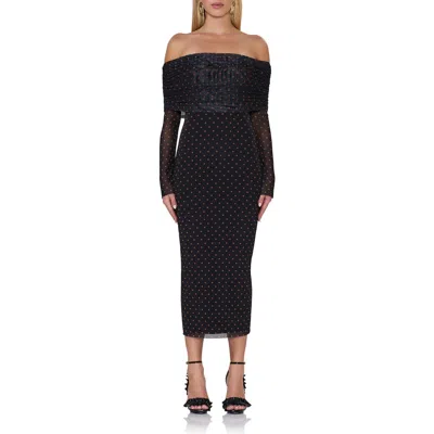 Afrm Cornelia Off The Shoulder Long Sleeve Mesh Midi Dress In Sepia Dot