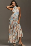Afrm Cromwell Halter Ruched Mesh Maxi Dress In Multi