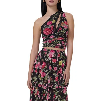 Afrm Delany Floral Ruched One-shoulder Crop Top In Wallpaper Rose