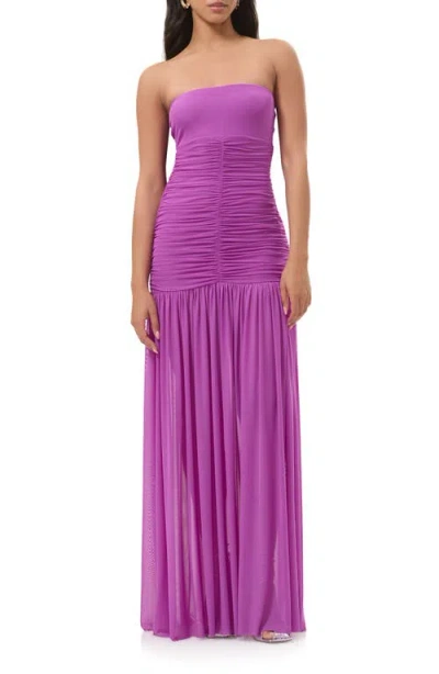 Afrm Denise Polka Dot Ruched Strapless Maxi Dress In Purple