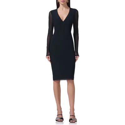 Afrm Diane Plunge Long Sleeve Mesh Dress In Noir