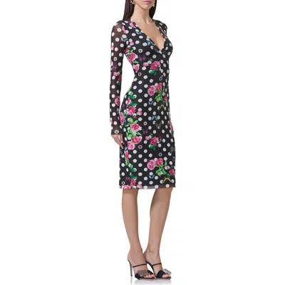 Afrm Diane Plunge Long Sleeve Mesh Dress In Rose Dot