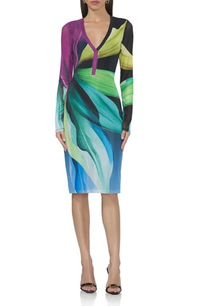 Afrm Diane Plunge Neck Long Sleeve Mesh Dress In Black Lotus