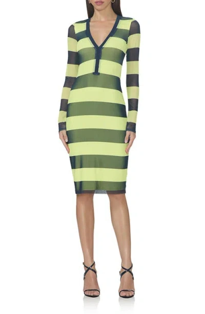 Afrm Diane Plunge Neck Long Sleeve Mesh Dress In Lime Rugby