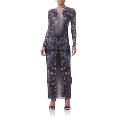 Afrm Didi Long Sleeve Mesh Maxi Dress In Nude Leopard