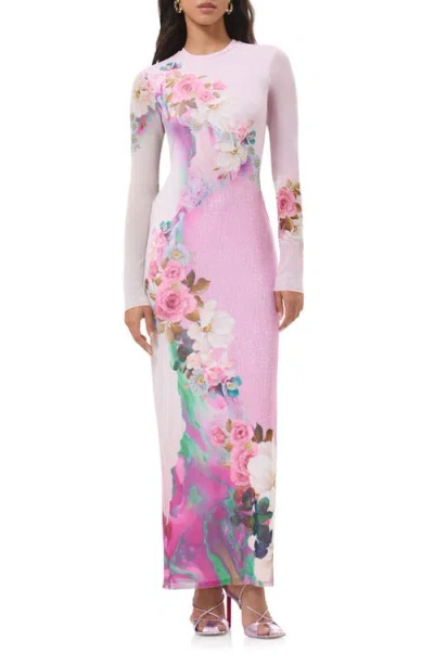Afrm Didi Long Sleeve Mesh Maxi Dress In Pink
