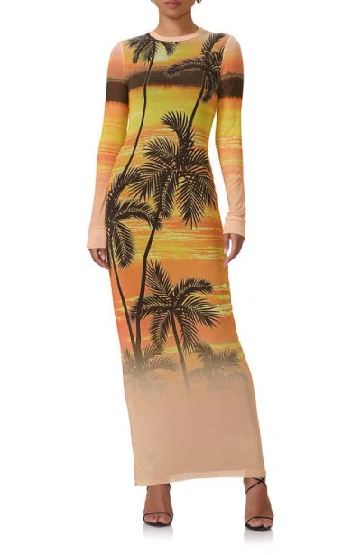 Afrm Didi Long Sleeve Mesh Maxi Dress In Sunrise Palms