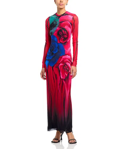 Afrm Didi Printed Long Sleeve Mesh Maxi Dress In Multi