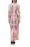 Afrm Didi Printed Long Sleeve Mesh Maxi Dress