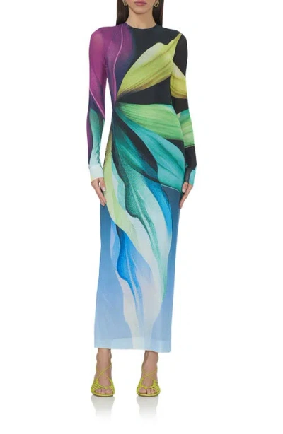 Afrm Didi Printed Long Sleeve Mesh Maxi Dress In Black Lotus
