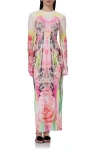 Afrm Didi Printed Long Sleeve Mesh Maxi Dress In Grunge Lace