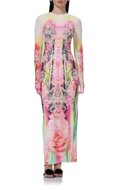 Afrm Didi Printed Long Sleeve Mesh Maxi Dress In Grunge Lace