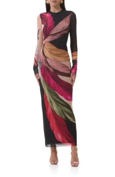 Afrm Didi Printed Long Sleeve Mesh Maxi Dress In Multi