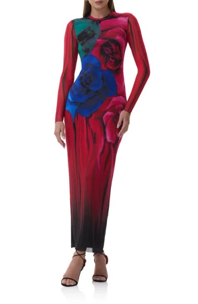 Afrm Didi Printed Long Sleeve Mesh Maxi Dress In Multi