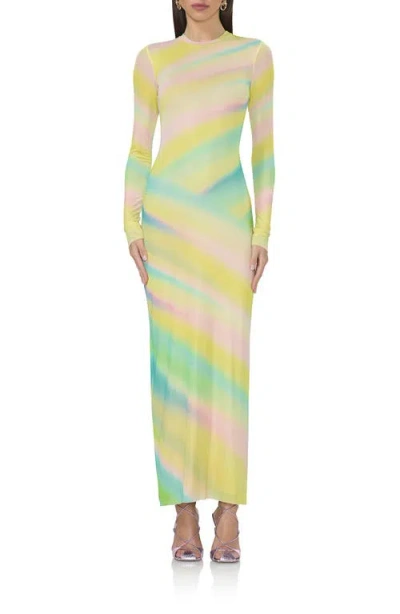 Afrm Didi Printed Long Sleeve Mesh Maxi Dress In Rainbow Stripe