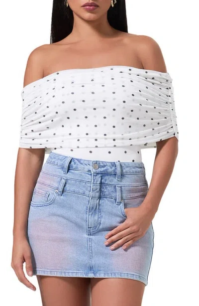 Afrm Divya Off The Shoulder Bodysuit In Blanc Micro Dot