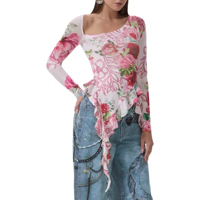 Afrm Doris Ruffle Asymmetric Mesh Top In Multi