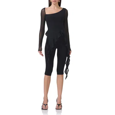 Afrm Doris Ruffle Asymmetric Mesh Top In Noir