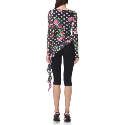 Afrm Doris Ruffle Asymmetric Mesh Top In Rose Dot