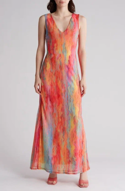 Afrm Earhart Sleeveless Mesh Maxi Dress In Tangerine Swirl