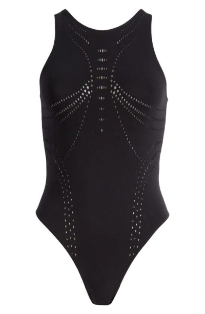 Afrm Elmer Laser Cut Seamless Bodysuit In Noir