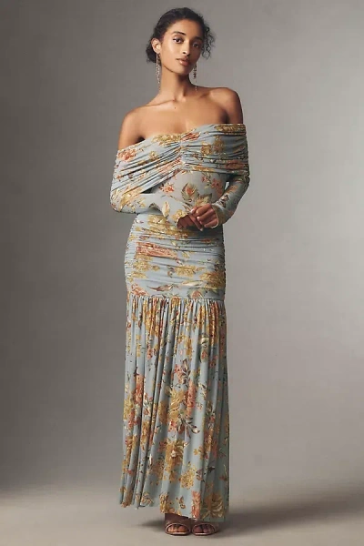Afrm Emmeline Off-the-shoulder Long-sleeve Lace Maxi Dress In Blue