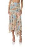 Afrm Estella Ruched Handkerchief Hem Midi Skirt In Blue