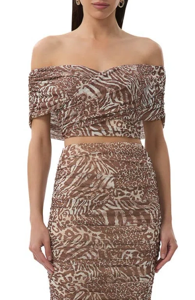 Afrm Fabiola Off The Shoulder Crop Top In Taupe Animal