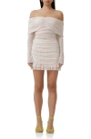 Afrm Fay Off The Shoulder Long Sleeve Mesh Minidress In Coral Micro Dot