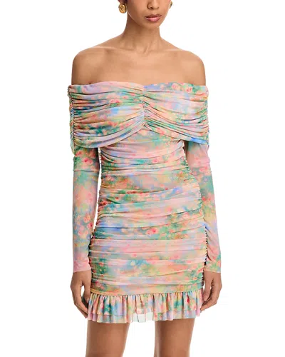 AFRM FAY PRINTED RUCHED OFF THE SHOULDER MINI DRESS