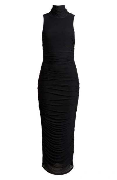 Afrm Fiorella Ruched Scrunch Neck Sleeveless Midi Dress In Noir
