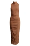 Afrm Fiorella Ruched Scrunch Neck Sleeveless Midi Dress In Raw Umber