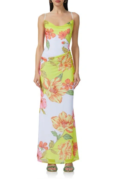 Afrm Gillian Cowl Neck Maxi Slipdress In Color Block Floral