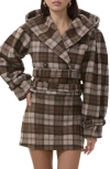 Afrm Halifax Plaid Double Breasted Hooded Crop Jacket In Brown