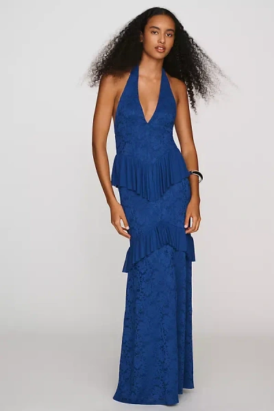 Afrm Halter Ruffle Maxi Dress In Blue