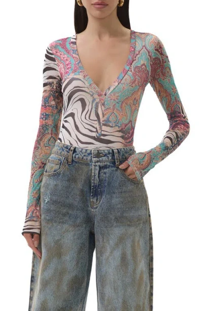 Afrm Harris Mixed Print Mesh Bodysuit In Multi