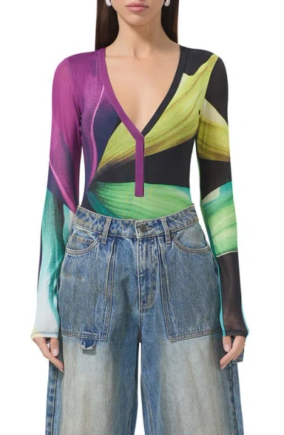 Afrm Harris Print Mesh Bodysuit In Black Lotus