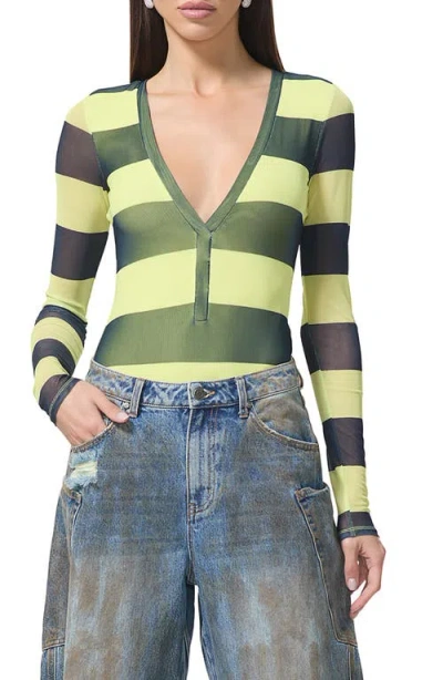 Afrm Harris Print Mesh Bodysuit In Lime Rugby