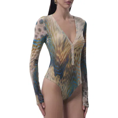 Afrm Harris Printed Mesh Bodysuit In Burgundy