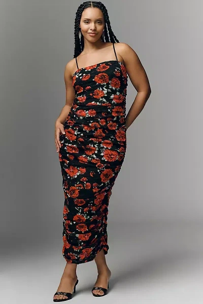 Afrm Hazel Plus Ruched Mesh Midi Dress In Black